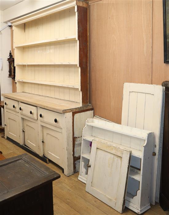 A Victorian pine dresser and rack, and an additional plate rack W.210cm